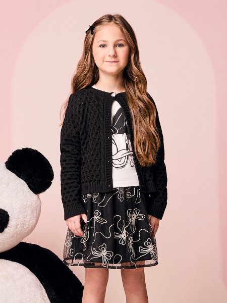 Casaco Infantil Menina Preto de Tricot Texturizado