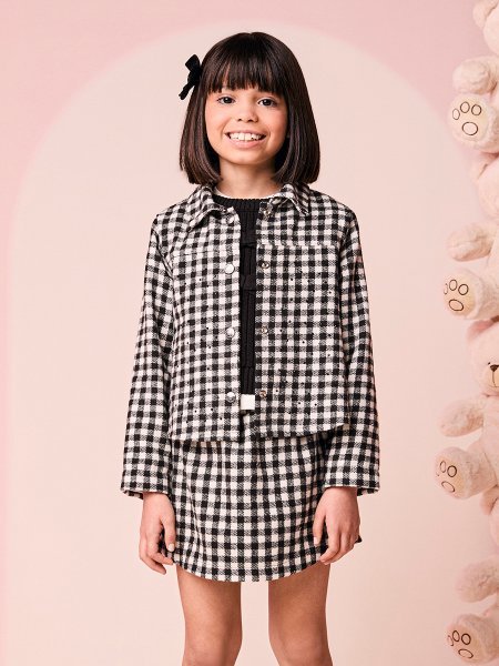 Jaqueta Infantil Menina de Tweed Xadrez com Strass