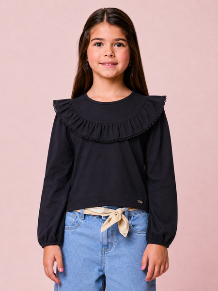 Blusa Menina Infantil Preta com Babado e Renda