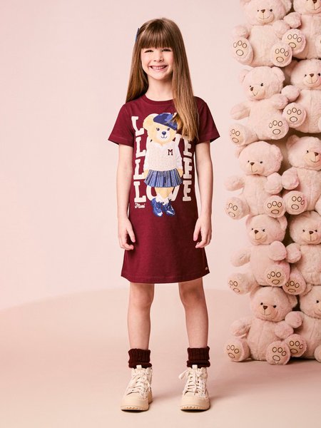 Vestido Infantil Menina Manga Curta de Ursinha com Strass