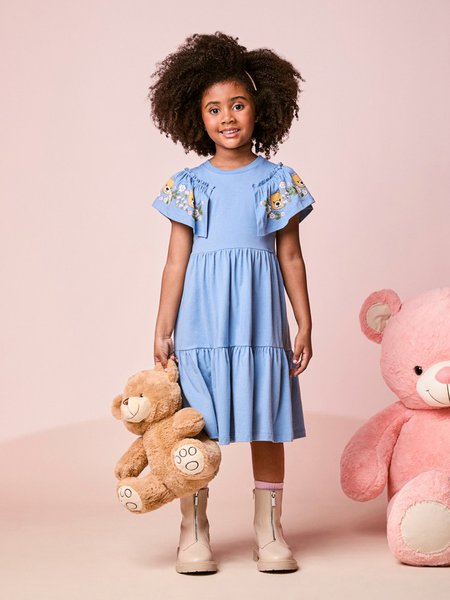 Vestido Infantil Menina Manga Curta de Ursinhos com Babado