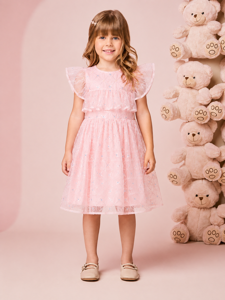 Vestido Infantil Menina em Tule Bordado de Flores