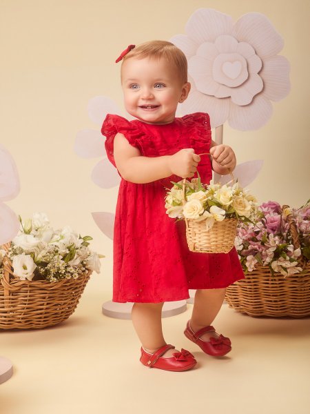 Vestido Infantil Menina de Laise Vermelho Preppy Laço e Babado Momi