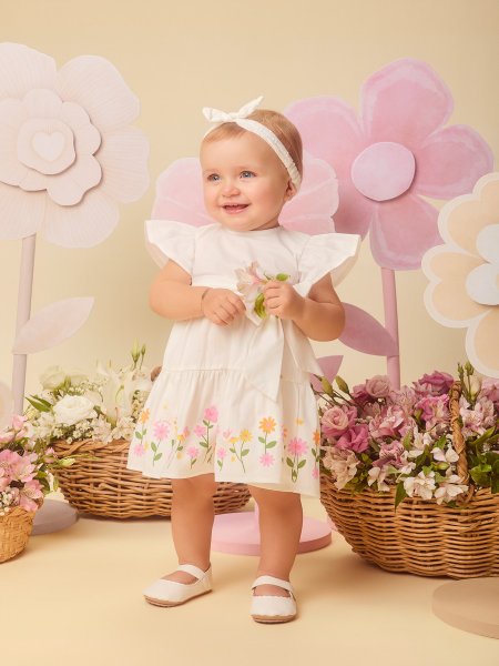 Vestido Infantil Menina Off White com Laço e Flores Momi