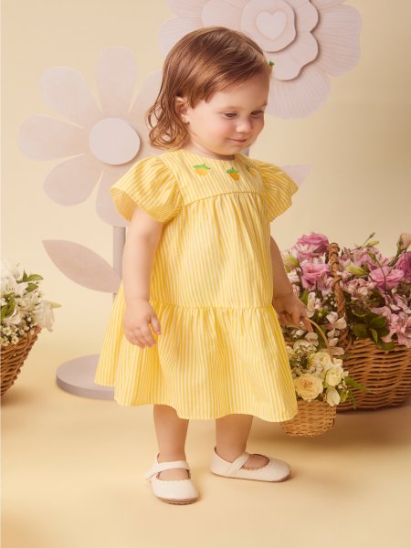 Vestido Infantil Menina Amarelo Listrado Patchs de Limões Momi