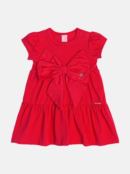Vestido Infantil Menina Vermelho Preppy com Máxi Laço e Patch de Cereja Momi