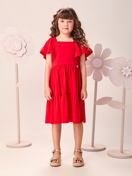 Vestido Infantil Menina Vermelho Preppy com Mangas Evasê e Strass Momi