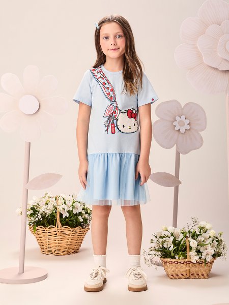 Vestido Infantil Menina com Estampa de Bolsa da Hello Kitty e Barra de Tule Momi