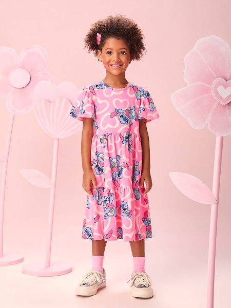 Vestido Infantil Menina Summer Stitch Neon com Mangas Evasê Momi