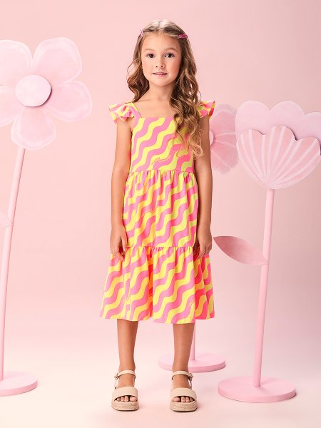 Vestido Infantil Menina Neon Waves com Alças de Babados Momi