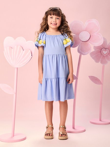 Vestido Infantil Menina com Mangas Evasê com Estampa Summer Lemon Momi