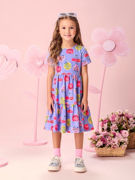 Vestido Infantil Menina Lilás Maliblue com Selinhos de Frutas Neon Momi