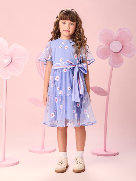 Vestido Infantil Menina de Tule Bordado de Flores com Faixa Laço Momi