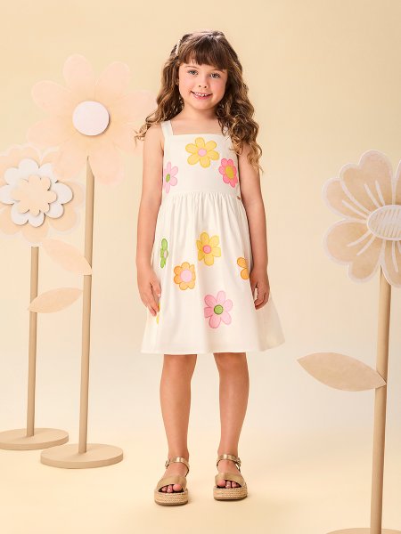 Vestido Infantil Menina Off White com Bordado de Flores Momi