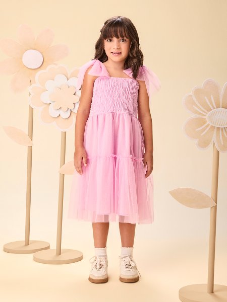 Vestido Infantil Menina Rosa de Tule e Lastex com Alças Laços Momi