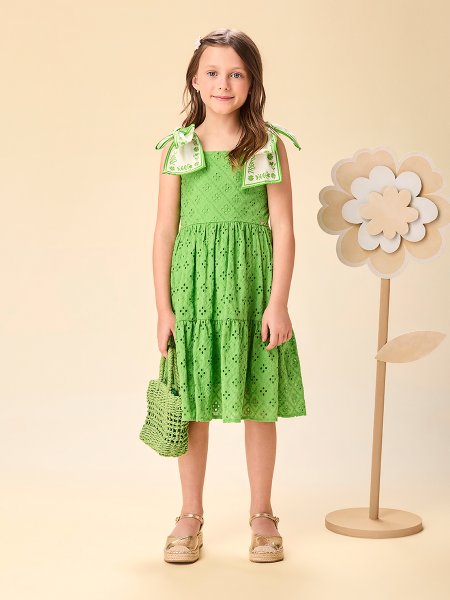 Vestido Infantil Menina de Laise Bordada com Alças de Máxi Laços Momi