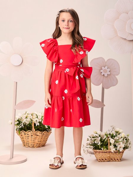 Vestido Infantil Menina Vermelho Preppy com Bordado de Flores e Babado Franzido Momi