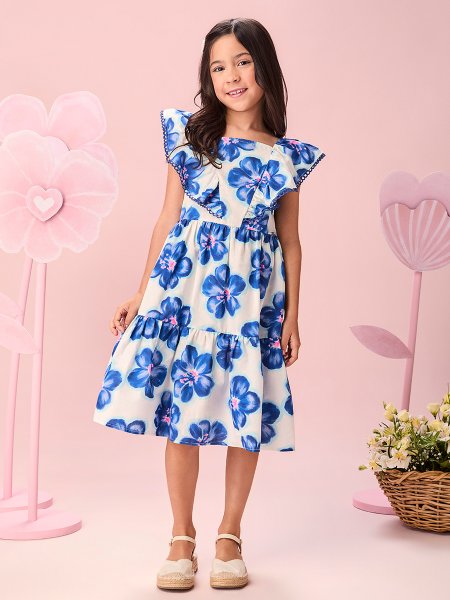 Vestido Infantil Menina de Flores de Aquarela com Babados e Renda Ondulada Momi