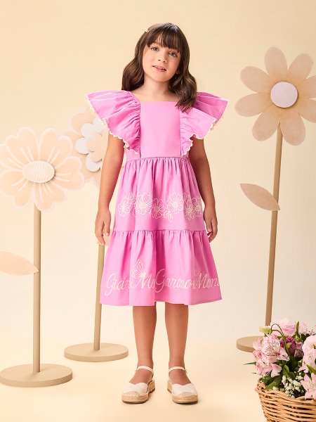 Vestido Infantil Menina Rosa com Bordado Giardino di Momi e Babados Momi