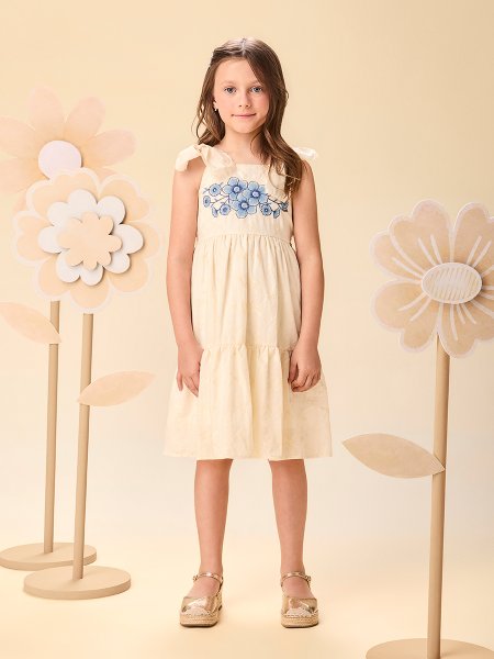 Vestido Infantil Menina de Laise com Bordado Floral e Alças Laços Momi