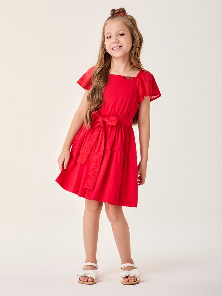 Vestido Infantil com Mangas de Laise Bordada Bimbi