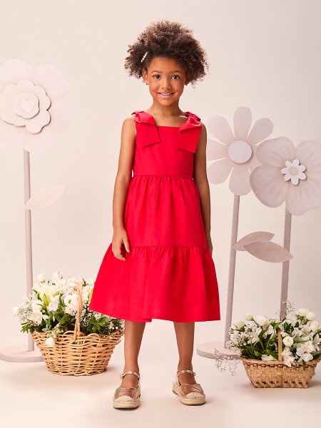 Vestido Infantil Menina Vermelho Preppy com Bordado Bailarina e Alças Laço Momi