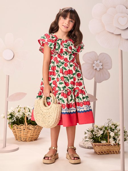Vestido Infantil Menina de Tricoline Cherry com Barrado Composé Momi