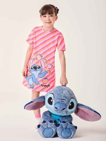 Vestido Infantil Menina Bimbi do Stitch com Listras Rosa Neon