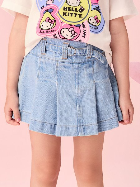 Shorts Saia Infantil Menina Jeans com Pregas e Cinto Momi
