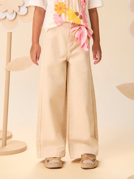Calça Infantil Menina de Sarja Bege com Lenço Neon Momi