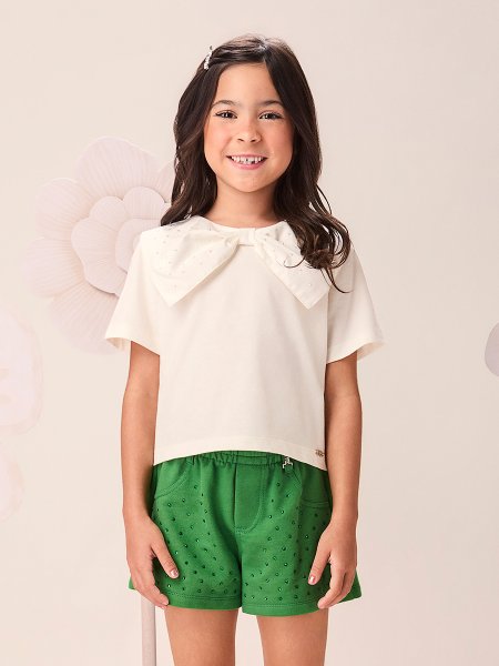 Blusa Infantil Menina com Gola Laço e Strass Momi