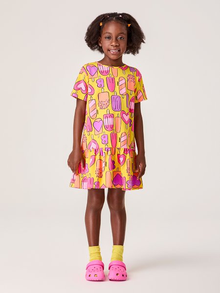 Vestido Infantil Amarelo com Estampa de Sorvete Bimbi