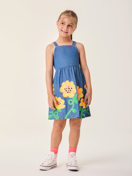 Vestido Jeans Infantil com Máxi Estampas de Girassóis Bimbi