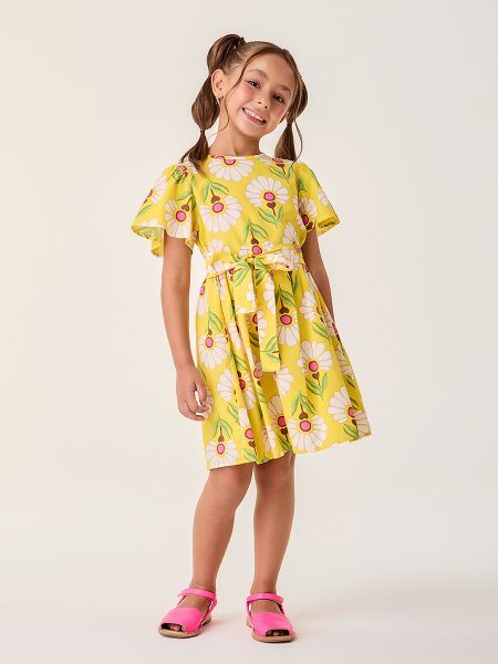 Vestido Infantil Amarelo com Flores Retro Bimbi