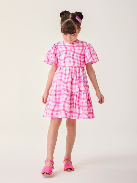 Vestido Infantil Xadrez Rosa Neon Bimbi