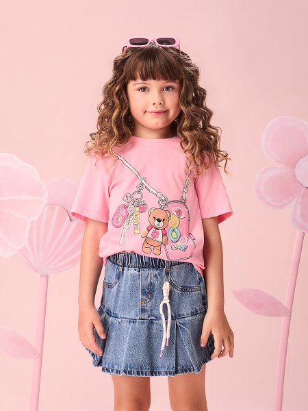 Blusa Infantil Menina com Estampa de Bolsinha e Charms com Strass Momi