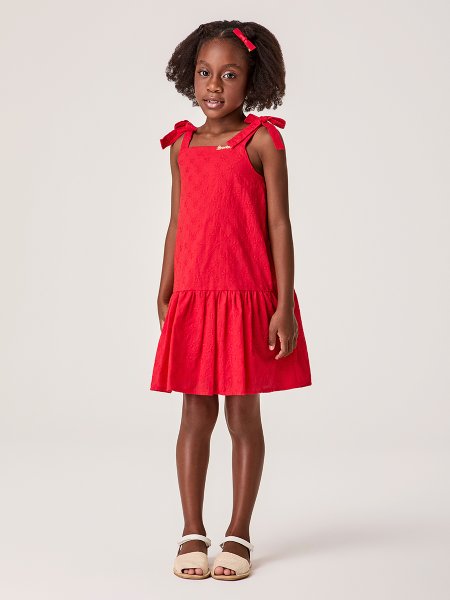  Vestido Infantil Menina Bimbi Vermelho de Laise Bordado e Alças de Laço