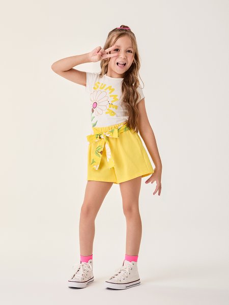 Conjunto Infantil Menina Bimbi Amarelo Summer com Flores Retro e Faixa