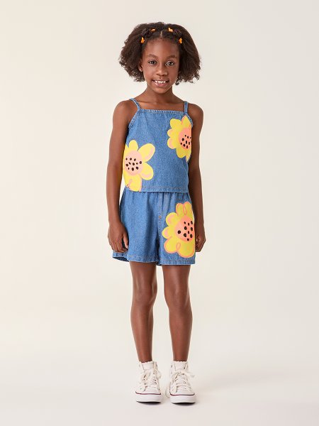 Conjunto Infantil Menina Bimbi Jeans com Máxi Estampa de Flores