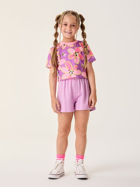 Conjunto Infantil Menina Bimbi Roxo com Sobreposição Floral
