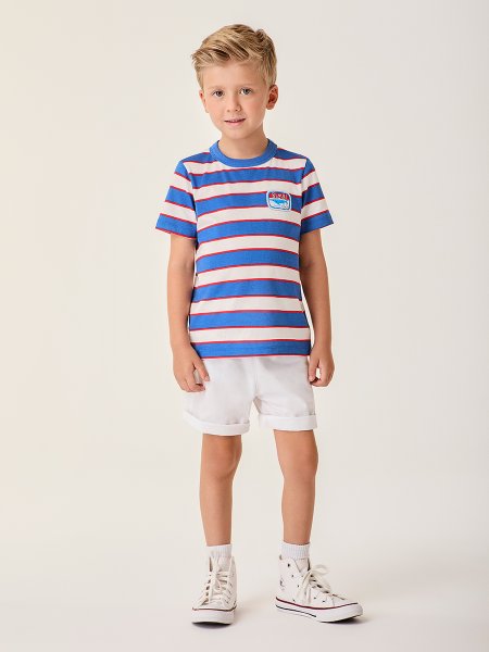 Conjunto Infantil Menino Bimbi com Listras Azuis e Patch Shark Food