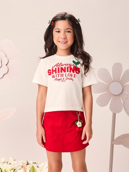 Blusa Infantil Menina Always Shining com Aplique de Cereja de Crochê Momi