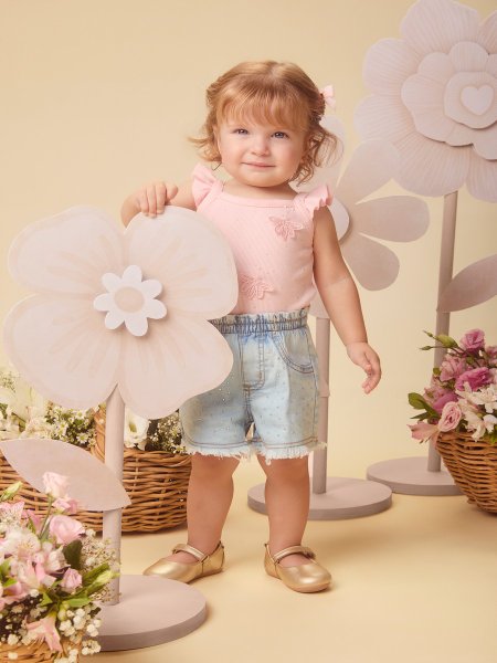 Body Infantil Menina com Alças de Babado e Aplique de Strass e Borboletas Momi