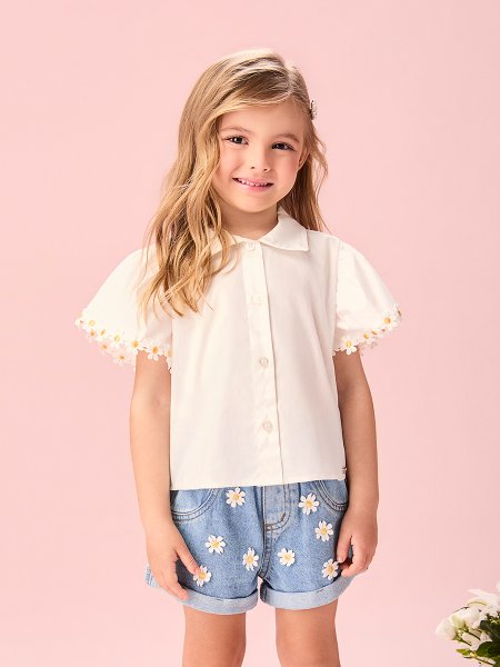 Camisa Infantil Menina de Tricoline com Guipir de Margaridas Momi