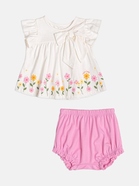 Conjunto Infantil Menina com Laço e Estampa de Flores Momi