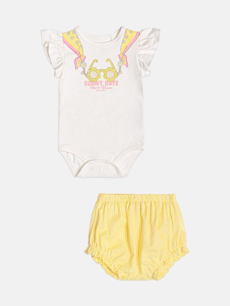 Conjunto Infantil Menina Amarelo Listrado com Óculos fake e Strass Momi