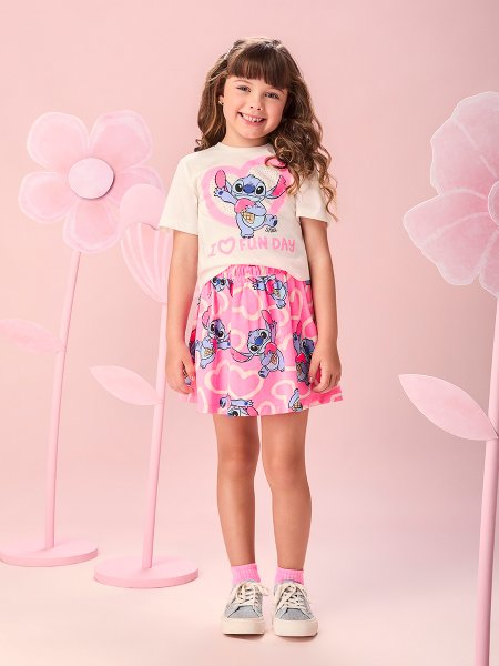Conjunto Infantil Menina do Stitch I Love Fun Days com Strass Momi