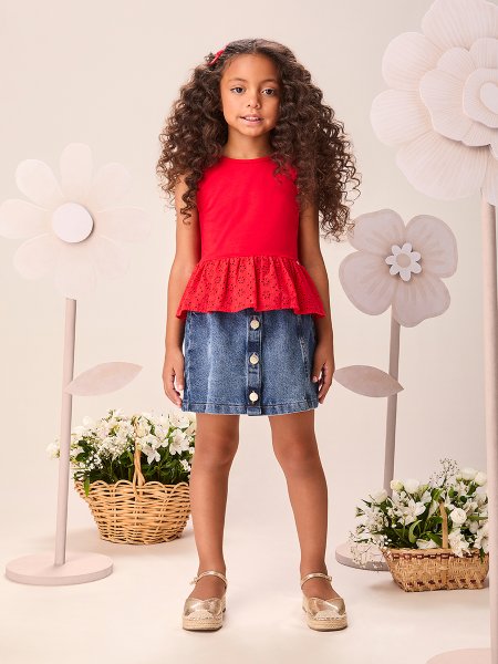 Regata Infantil Menina Vermelho Preppy com Babado de Laise Momi