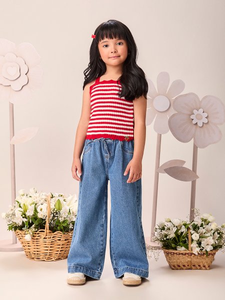 Regata Infantil Menina Vermelho Preppy de Tricot Listrado com Babados Momi