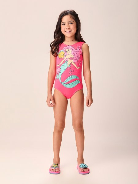 Maiô Infantil Menina Pink da Pequena Sereia com Strass e Proteção UV Momi